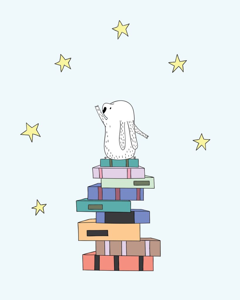 Bild på ett fantasidjur som står på en bokhög och sträcker sig mot stjärnor