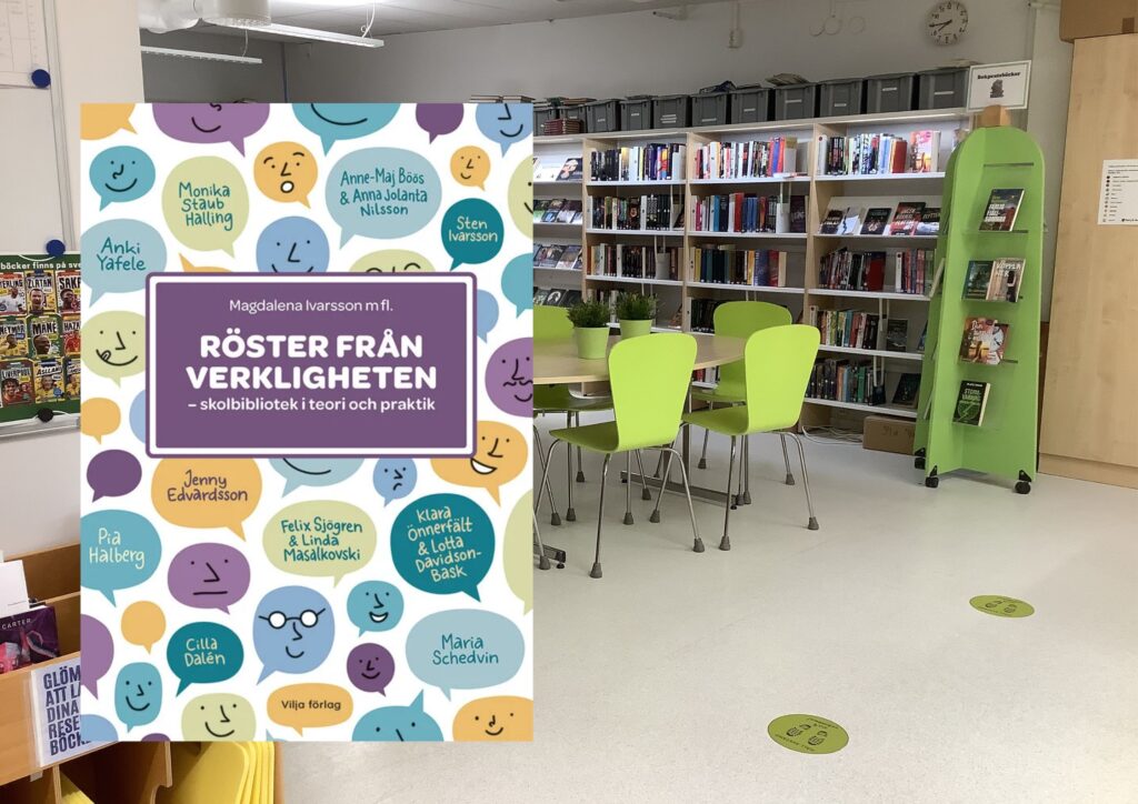 Bild på Rinnebäcksskolans bibliotek och framsidan på boken "Röster från verkligheten" av Magdalena Ivarsson mfl